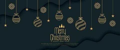 glad jul festlig inbjudan baner med hängande gyllene struntsak vektor