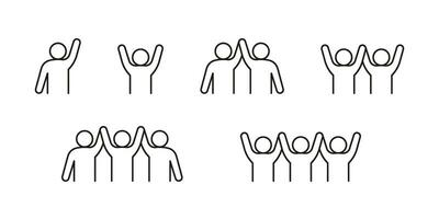 människor hälsning, Vinka hand, Framgång, linje ikon. ett, två och tre person händer upp. Lycklig respekt på möte, fläkt av spel. vektor illustration
