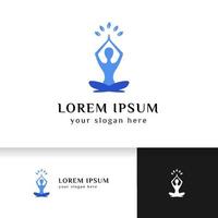 yoga logotyp design lager. mänsklig meditation med löv i ovanstående vektorillustration i blå färg vektor