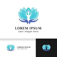 Yoga-Logo-Design-Lager im Overlay-Farbstil. menschliche Meditation in Lotusblume mit Handpflege-Vektorillustration vektor