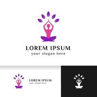 Yoga-Logo-Design-Lager. menschliche Meditation mit Blättern in der obigen Vektorgrafik in lila und rosa Farbe vektor