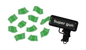 tecknad serie pengar super pistol med grön pengar flygande isolerat, Nej bakgrund. svart leksak pistol för Semester spel, parter eller visar. vektor