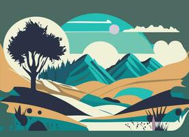 Blau Wüste Boho minimal Landschaft Illustration Natur Berge abstrakt Kunst vektor