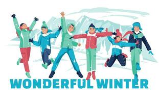 ein Gruppe von glücklich Winter Kinder sind Springen auf das Hintergrund von schneebedeckt Berge. Winter Kinder- Lager. Winter draussen Aktivitäten. Vektor eben Illustration