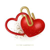 två hjärtan ansluten med en papper klämma. kärlek, bröllop, hjärtans dag begrepp. vektor illustration i 3d stil