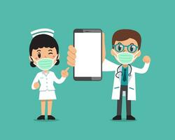 Karikatur männlich Arzt und weiblich Krankenschwester tragen schützend Masken mit Smartphone vektor
