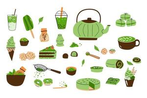 Karikatur Matcha Tee einstellen von Matcha Pulver, Süßigkeiten, Teekanne, Küche Ausrüstung zum Vorbereitung. Vektor Illustration zum Rezept Kochen Buch, Aufkleber, Tapeten, Tee Etiketten, Verpackung Design.