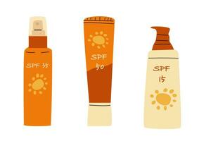 uppsättning av ctre kosmetika för Sol skydd i platt stil. vektor illustration isolerat, uppsättning inkluderad krämer, spray.