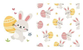 vektor uppsättning för påsk Semester. söt kanin löpning med påsk ägg, tryckbar skriva ut. sömlös vektor mönster på vit bakgrund med kaniner och ägg