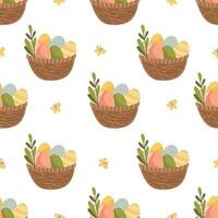 nahtlos Vektor Muster zum Ostern Tag. Körbe mit Ostern Eier und Grün Lithium, Gelb Schmetterlinge