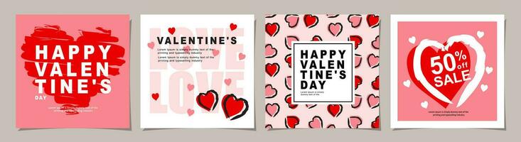 valentines dag fyrkant baner för social media inlägg, mobil appar, banderoller, digital marknadsföring, försäljning befordran och hemsida annonser. vektor bakgrunder, geometrisk stil med hjärtan mönster.