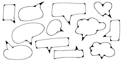 Hand gezeichnet Rede Luftblasen skizzieren Elemente auf Satz. Gekritzel Stil. isoliert auf Weiß Hintergrund. Vektor Illustration