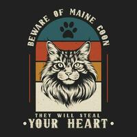 Maine Waschbär Katze T-Shirt Design Lager Vektor Illustration