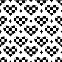 sömlös mönster med hjärtan i schackbräde och stjärnor i emo stil. y2k. svart och vit. vektor platt illustration.