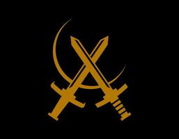 Schwerter und Halbmond mit Gold Farbe isoliert auf schwarz. minimal Luxus Symbol von Waffe. Vektor Illustration von Schwert mit Mond Konzept.