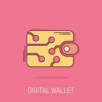 digitale Brieftaschen-Ikone im Comic-Stil. Krypto Tasche Vektor Cartoon Illustration Piktogramm. Online-Finanzierung, E-Commerce-Geschäftskonzept-Splash-Effekt.