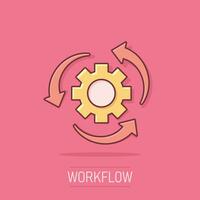 Workflow-Prozess-Symbol im Comic-Stil. Zahnrad mit Pfeilen Vektor Cartoon Illustration Piktogramm. Workflow-Business-Konzept-Splash-Effekt.