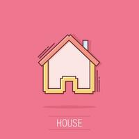 hus byggnad ikon i komisk stil. Hem lägenhet vektor tecknad serie illustration piktogram. hus bostad företag begrepp stänk effekt.