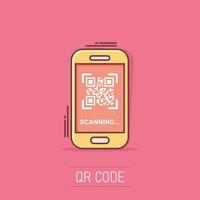 QR-Code-Scan-Telefonsymbol im Comic-Stil. Scanner in Smartphone-Vektor-Cartoon-Illustration auf weißem, isoliertem Hintergrund. Barcode-Geschäftskonzept-Splash-Effekt. vektor