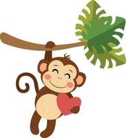 süß Affe hängend von Palme Ast halten ein Herz vektor