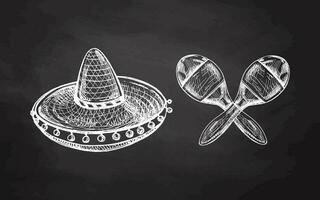 ritad för hand skisser av maracas och sombrero på svarta tavlan bakgrund. årgång teckning av hatt. vektor svart bläck översikt illustration. mexikansk kultur, kläder, latin amerika.