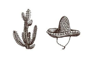 handgemalt Sombrero und Kaktus Skizzen. Jahrgang Zeichnung von Hut. Vektor schwarz Tinte Gliederung Illustration. Mexikaner Kultur, Kleidung, Latein Amerika.