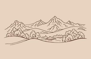 Landschaft mit Bergen und Bäumen. handgezeichnete illustration in vektor umgewandelt.