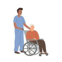 Krankenschwester oder Freiwillige nehmen Pflege von Alten Mann auf Rollstuhl. Pflege- Zuhause Konzept. unterstützt Leben. Wohn Pflege Einrichtung. Senior Person mit Behinderung beim Krankenhaus. Vektor eben Illustration.