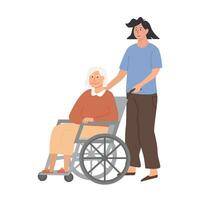 sjuksköterska eller läkare tar vård av äldre kvinna på rullstol. amning Hem begrepp. assisterad levande. bostads- vård anläggningen. senior lady med handikapp. vektor illustration isolerat på vit.