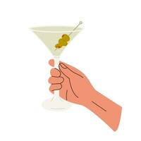 kvinna eller manlig hand innehav Martini glas med klassisk cocktail garnerad med grön oliver. glas med alkohol dryck. sommar aperitif, alkoholhaltig dryck. platt vektor illustration isolerat på vit.