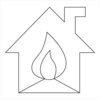 brinnande hus kontinuerlig enda linje hand teckning ikon och brand säkerhet översikt vektor konst illustration