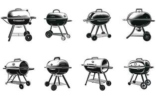 Vektor schwarz Grill Grill Symbole, Grill Party Hintergrund mit Grill und Feuer.