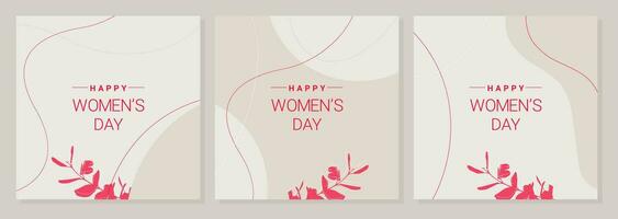 Plakate zum Damen Tag im Boho Stil auf ein elegant Beige Hintergrund und mit rot Beschriftung und Botanik Elemente. vektor