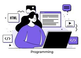 weiblich Programmierer Codierung Software mit ein Laptop, Computer Programmierung eben Illustration Konzept, Netz Entwicklung vektor