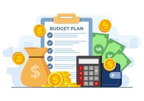 företag budget planen platt illustration vektor begrepp, finansiell Rapportera, budget förvaltning, strategi, Framgång, marknadsföring, bokföring, finansiera analys