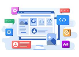gränssnitt element och browser fönster på de bärbar dator skärm, webb design, ui ux, programvara utveckling, webb design, Ansökan design, kodning, webb utveckling platt illustration för landning sida vektor