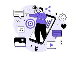 Mann Stehen auf Smartphone Bildschirm mit Megaphon, Sozial Medien Marketing, Digital Marketing, Billigung, unterstützen, E-Commerce, Geschäft Konzept eben Illustration, Sozial Medien Kampagne vektor