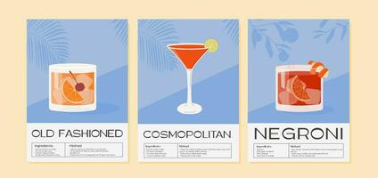 alt gestaltet, Negroni und kosmopolitisch Cocktail Mauer Kunst Plakate. alkoholisch Getränk Garnierung mit orange, Limette und Kirsche. Sommer- Aperitif tropisch Vertikale drucken. minimalistisch Vektor Illustration.