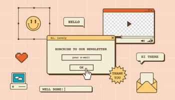 abstrakt Jahrgang ästhetisch Hintergrund zum Newsletter Email Kampagne. Dampfwelle Desktop Vorlage mit 80er Jahre 90er Jahre alt Computer Benutzer Schnittstelle Dialog Fenster und nostalgisch retro Computer Elemente. Vektor. vektor