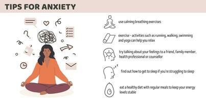 afrikanisch oder asiatisch betont Frau mit Angst Störung. nützlich Tipps zum Angst Verwaltung Infografik. Ängstlich Person Leiden mit mental Problem. mental Gesundheit Konzept. Vektor Illustration.