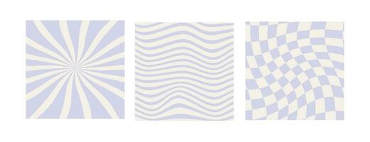 uppsättning av schackbräde, vågig och Sol strålar bakgrunder i blek pastell violett Färg. häftig hippie schackbräde mönster. retro 60s 70s psychedelic vågig design. gingham vektor tapet samling mallar.