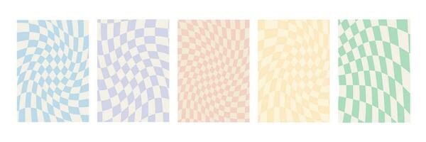 uppsättning av checkerboard bakgrunder i blek pastell färger. häftig hippie schackbräde mönster. retro 60s 70s psychedelic design. gingham vektor tapet samling för skriva ut mallar eller textil.