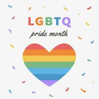 vektor baner med HBTQ regnbåge. social media posta, berättelse eller affisch mall med queer gemenskap tecken och färgrik konfetti. kort för stolthet dag firande. Gay parad. platt stil illustration.