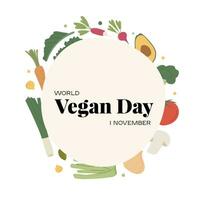 värld vegan vegetarian dag. runda vegetabiliska ram med plats för text. cirkel av friska organisk grönsaker. fyrkant kort mall för diet- mat begrepp. vektor platt illustration på vit bakgrund.