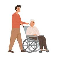 Krankenschwester oder Freiwillige nehmen Pflege von Alten Mann auf Rollstuhl. Pflege- Zuhause Konzept. unterstützt Leben. Wohn Pflege Einrichtung. Senior Person mit Behinderung beim Krankenhaus. Vektor eben Illustration.