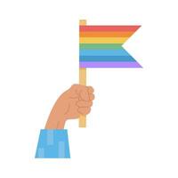 ein Person halten lgtb Regenbogen Flagge. Element zum Stolz Monat Feier. Symbole zum lgtbq Parade. Symbol oder Aufkleber isoliert auf Weiß Hintergrund. Vektor eben Karikatur Illustration.