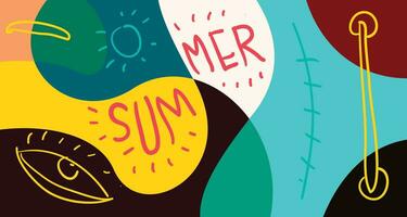 bunt Gekritzel Vektor Illustration Hintergrund zum Sommer- Urlaub 2024 Banner