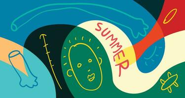 bunt Gekritzel Vektor Illustration Hintergrund zum Sommer- Urlaub 2024 Banner