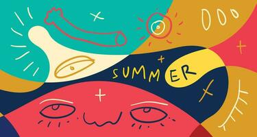 bunt Gekritzel Vektor Illustration Hintergrund zum Sommer- Urlaub 2024 Banner