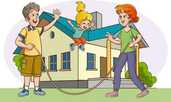 glücklich Familie spielen Springen Seil im Vorderseite von ihr Haus. Vektor Illustration.